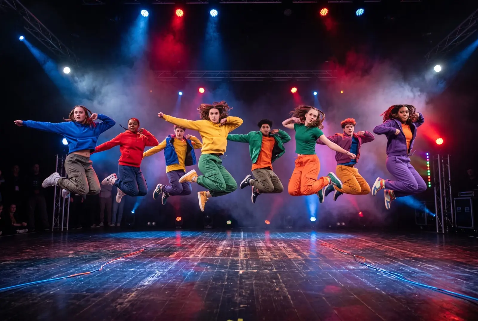 Ragazzi in salto con felpe colorate su un palco