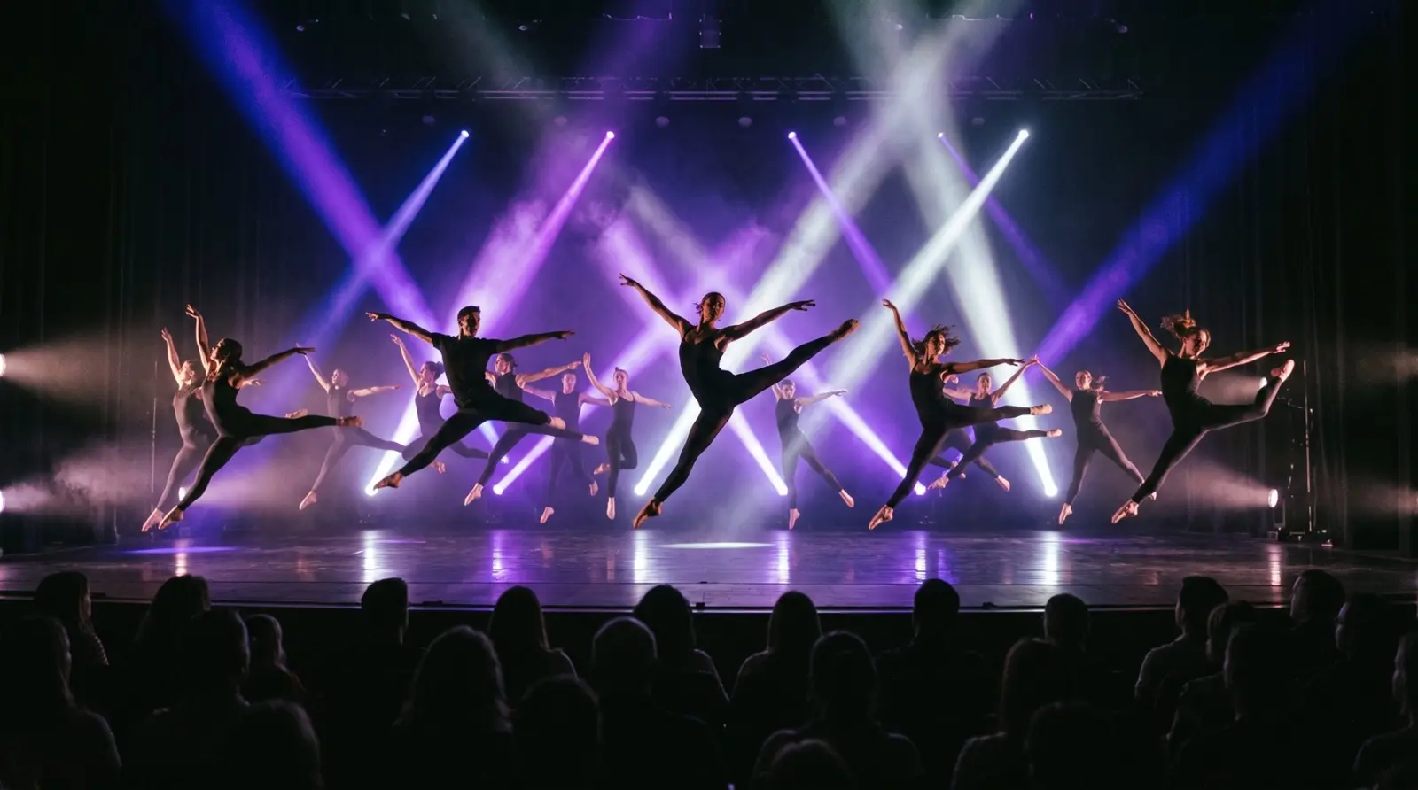 Corpo di ballo in salto sotto fasci di luce viola
