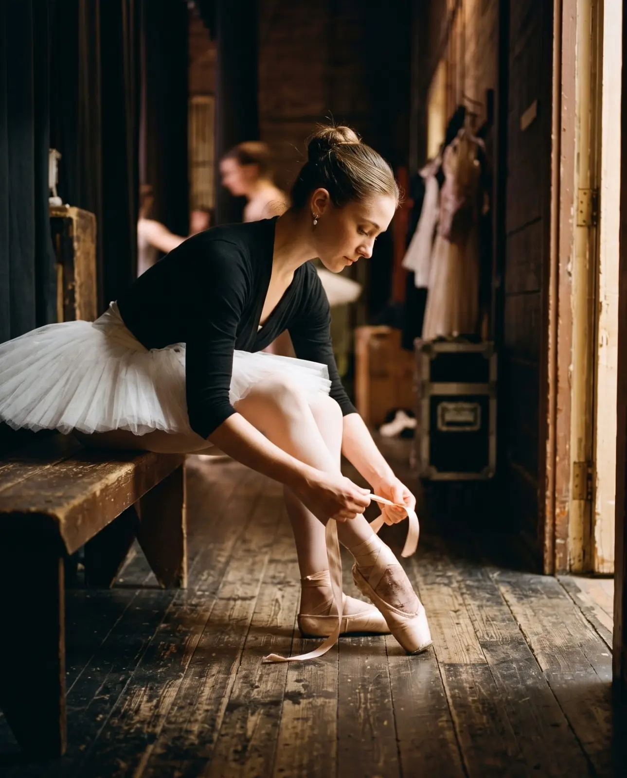 Ballerina che allaccia le punte dietro le quinte