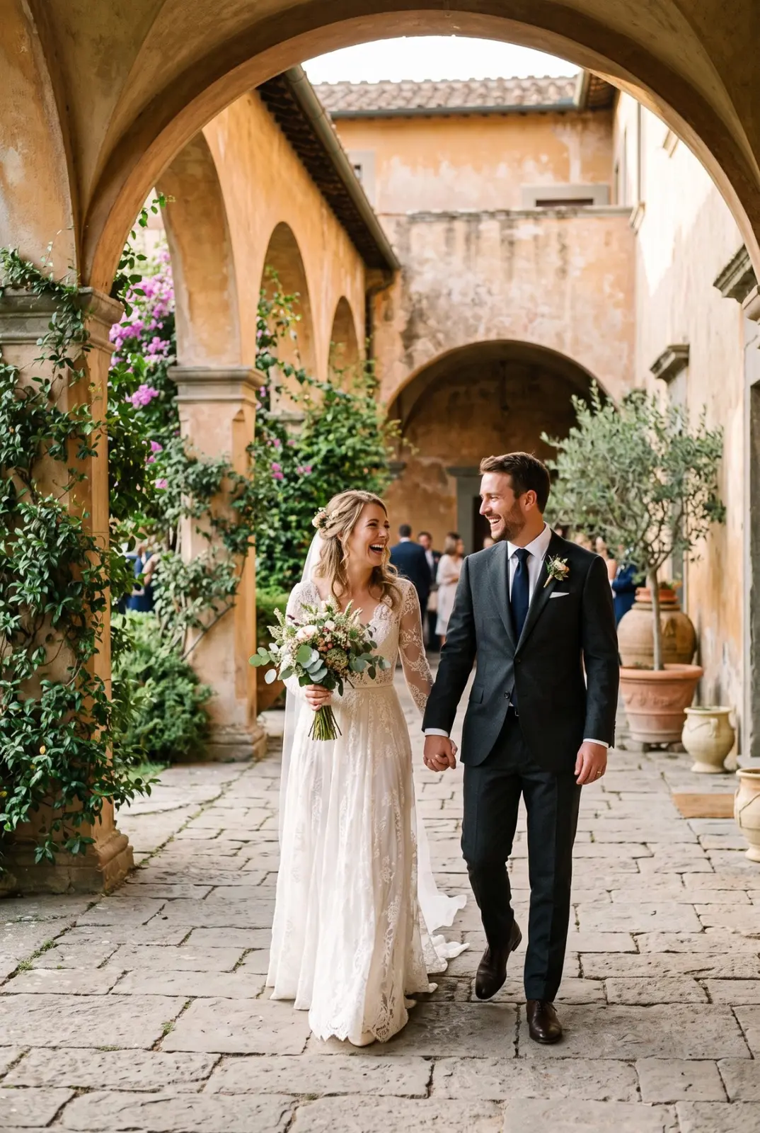 Sposi mano nella mano in un cortile con archi