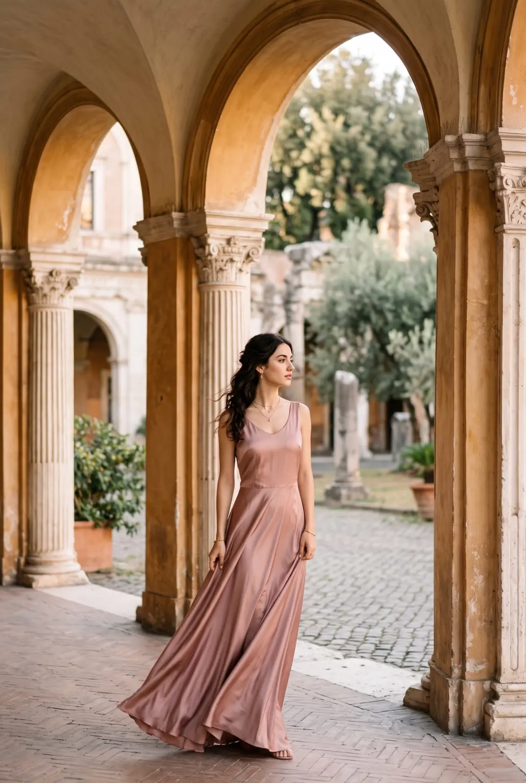 Modella in abito di raso rosa sotto un porticato romano