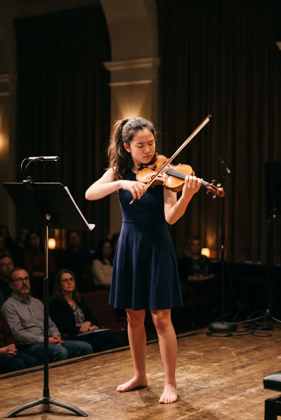 Giovane violinista durante un saggio di musica