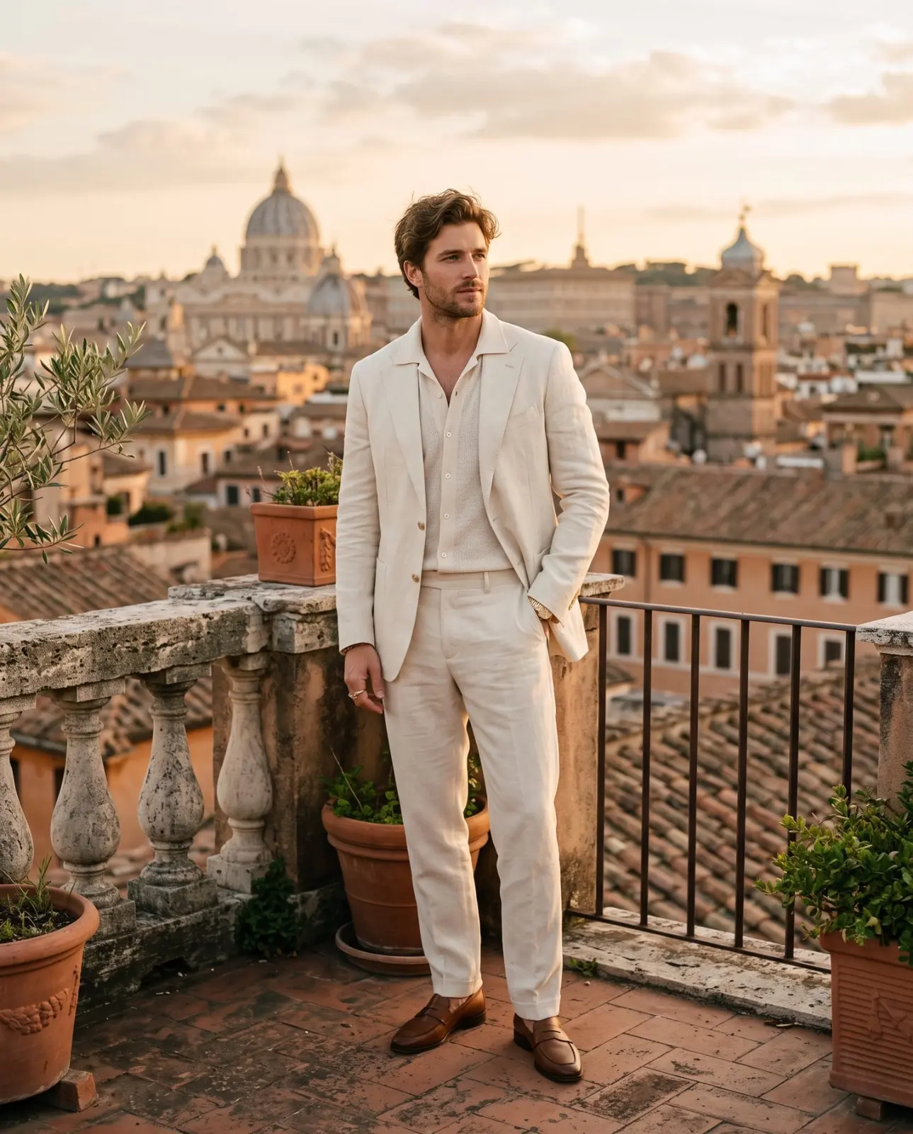 Uomo in completo di lino su una terrazza con vista su San Pietro