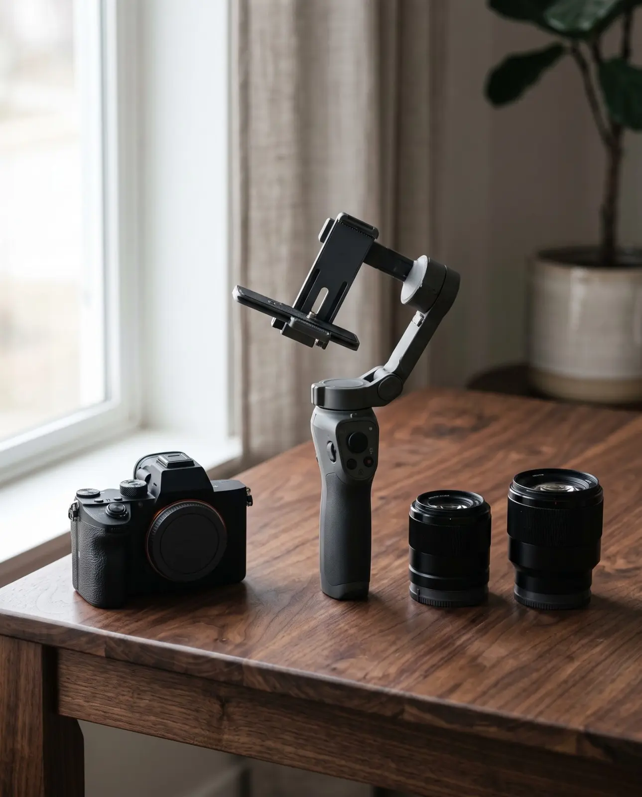 Fotocamera mirrorless, stabilizzatore e due obiettivi su un tavolo di legno