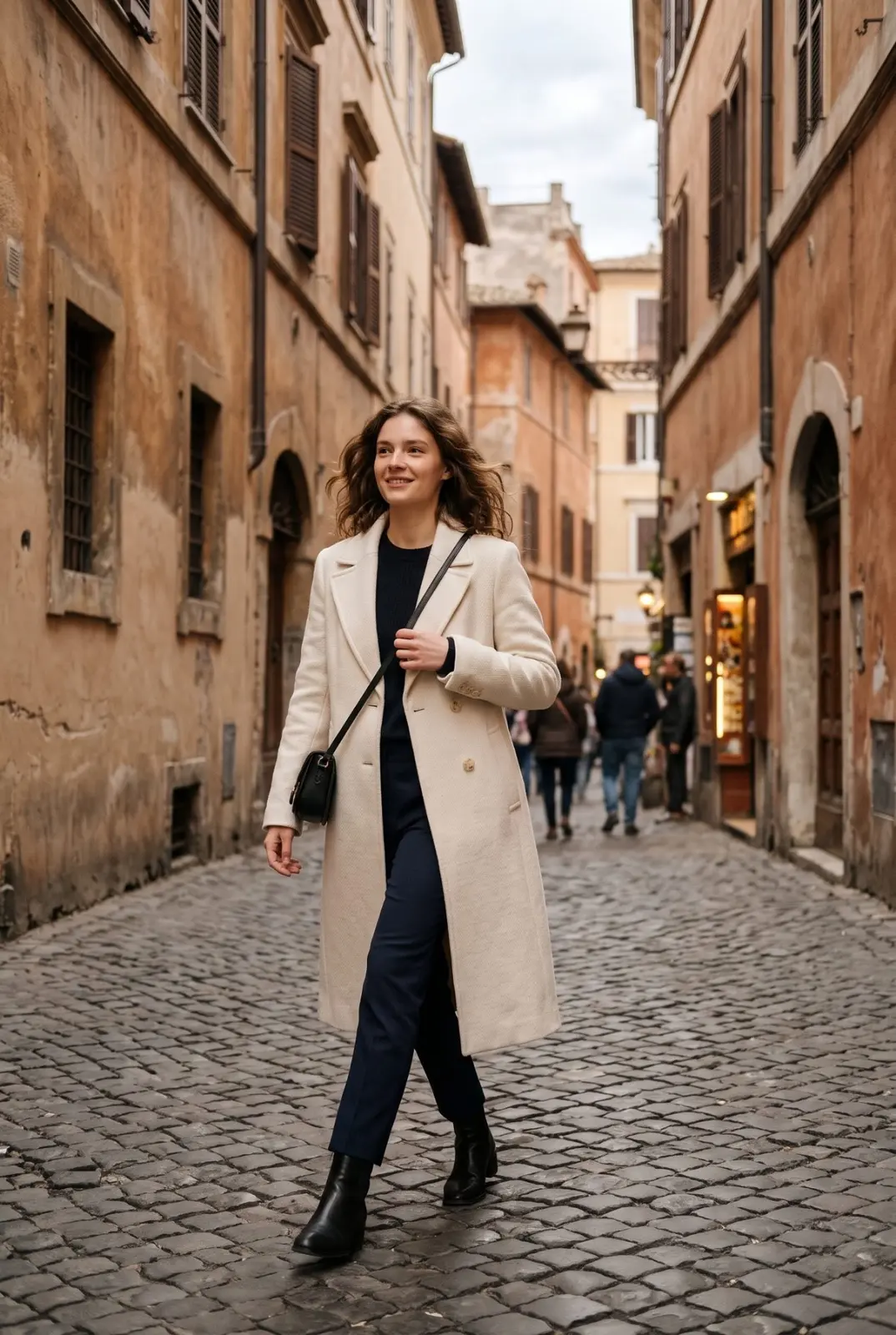 Ragazza in cappotto chiaro in un vicolo di Roma