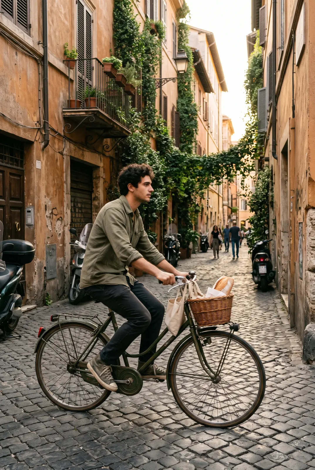 Un ragazzo in bicicletta con il pane nel cestino in un vicolo di Monti