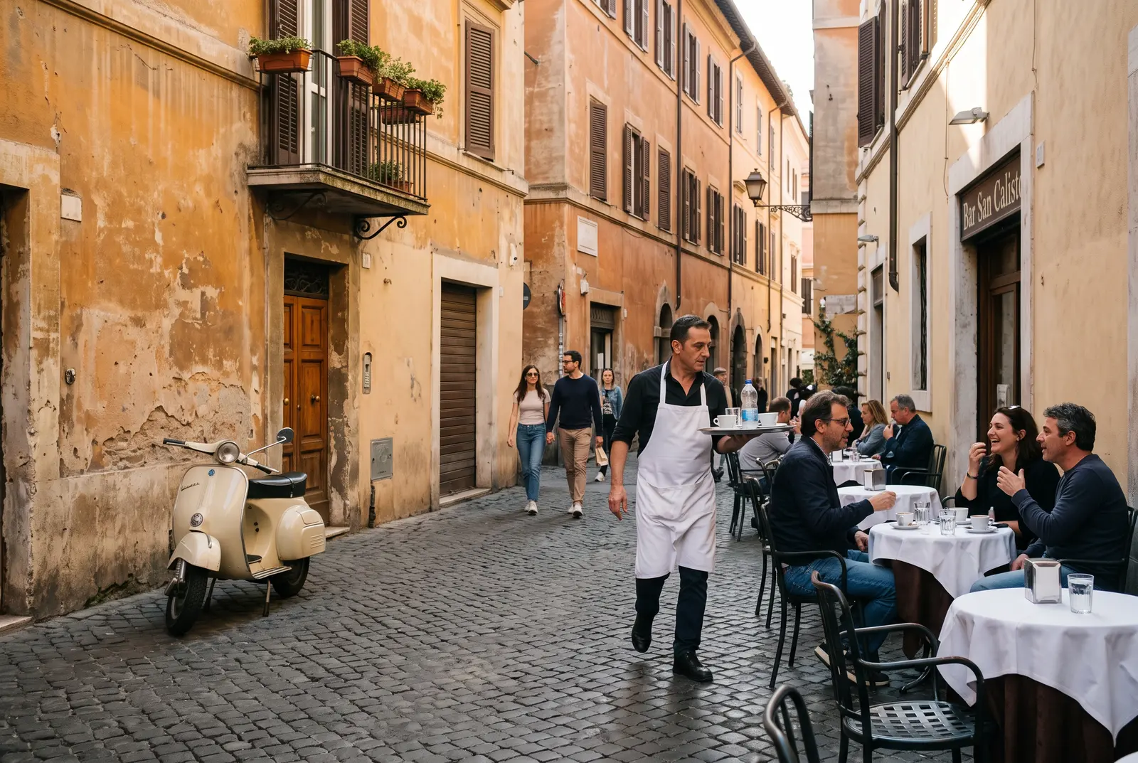 Un cameriere passa tra i tavolini di un caffè in una via di Monti