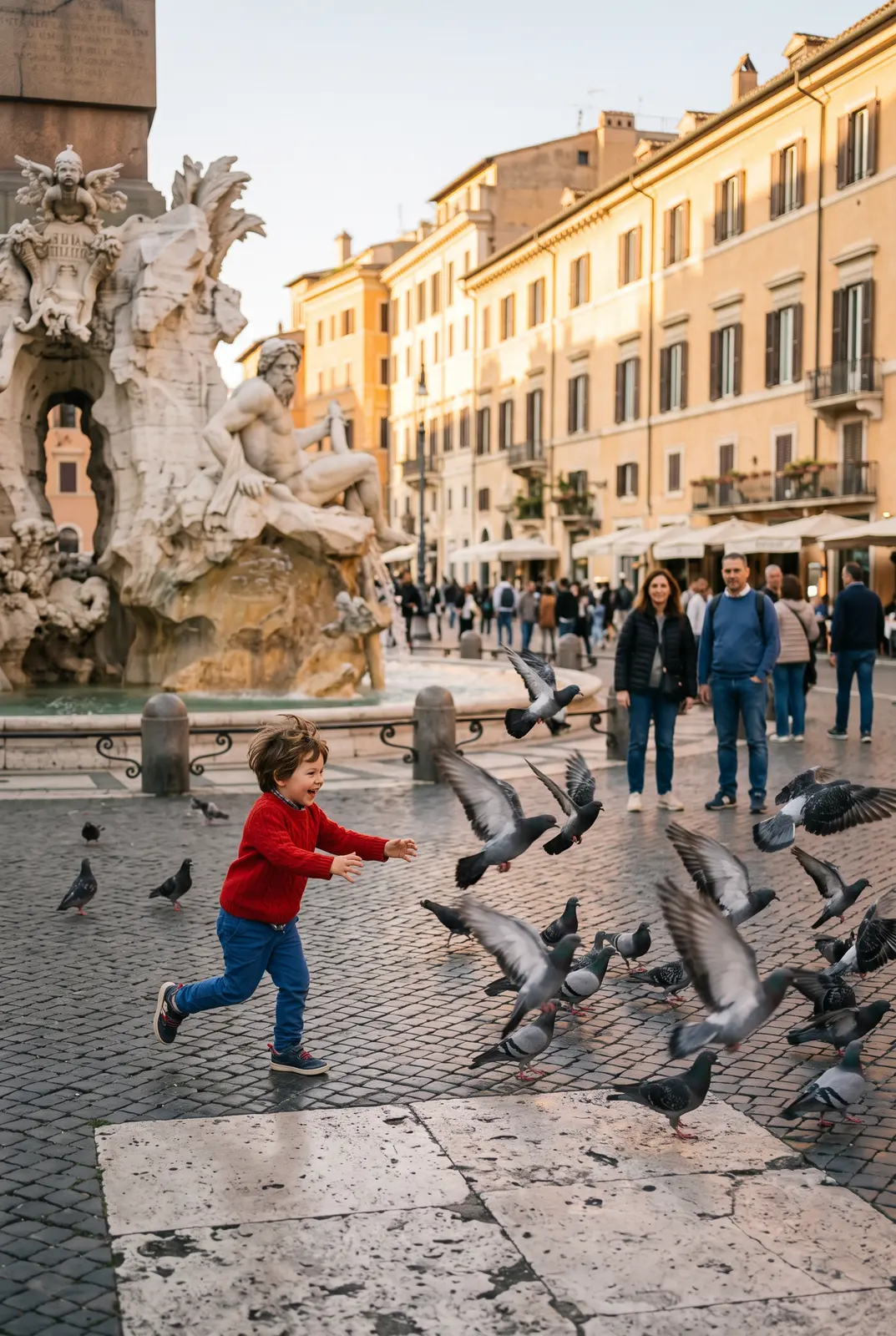 Un bambino rincorre i piccioni davanti a una fontana in piazza