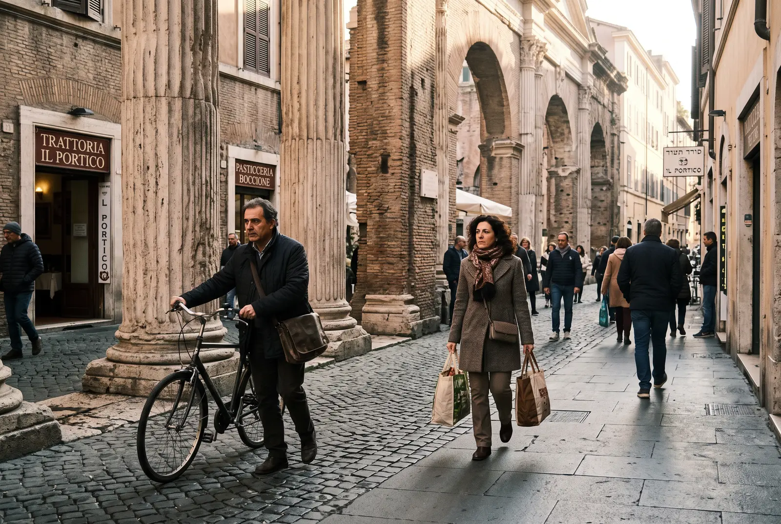 Passanti tra le colonne del Portico d'Ottavia nel Ghetto