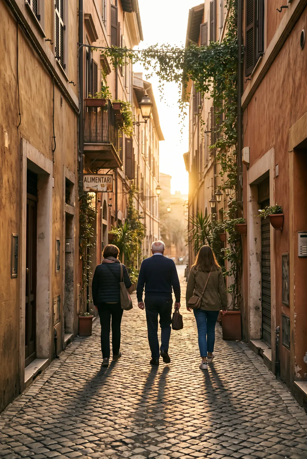 Tre passanti camminano verso il sole in un vicolo di Trastevere
