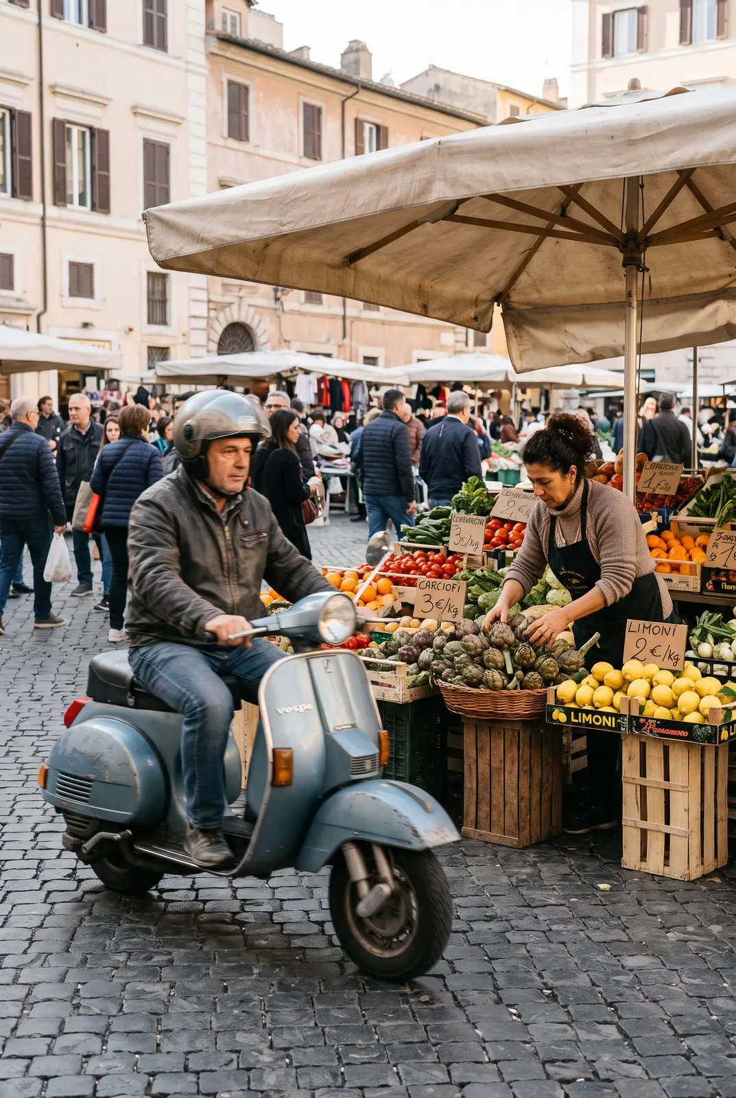 Un uomo in Vespa passa davanti a un banco di frutta a Campo de' Fiori